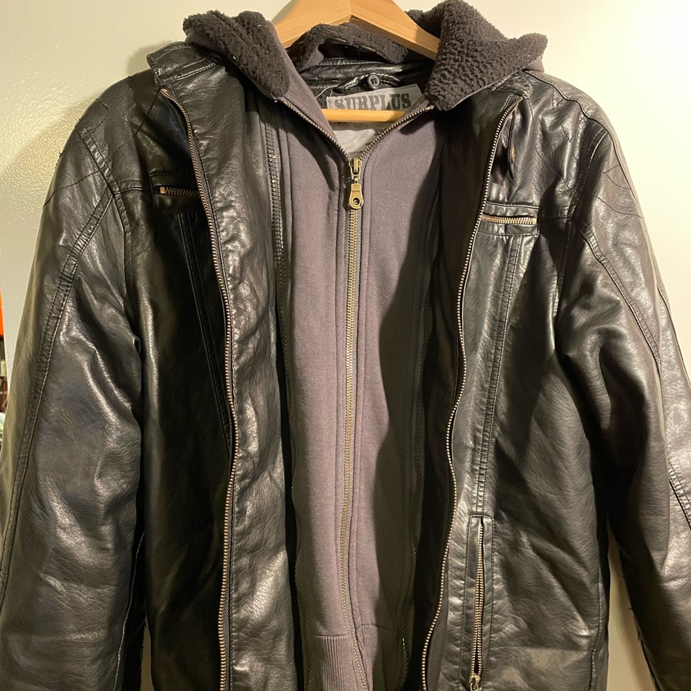 Surplus Black Leather hooded jacket size Medium. Removable hood